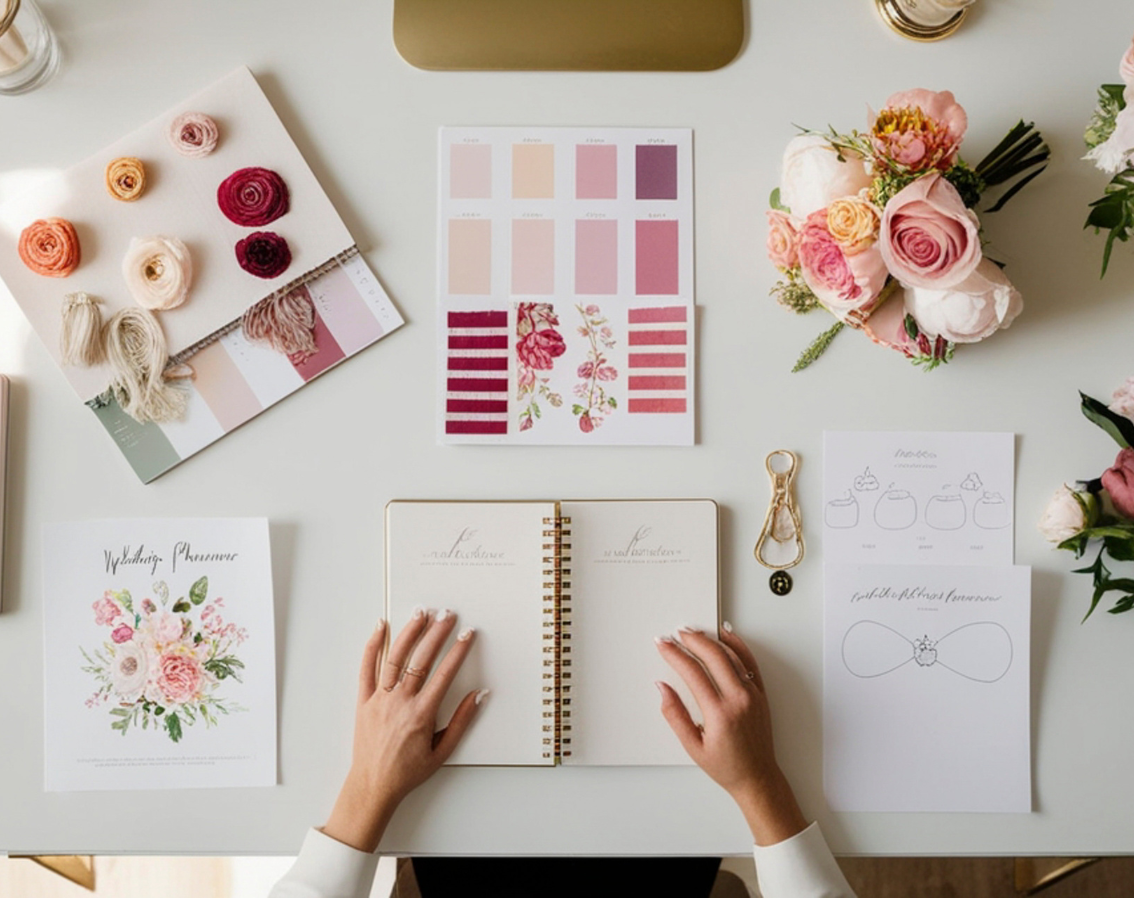 Flat lay of event planning materials for custom catering packages